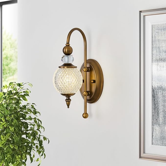 Vintage Gold Wall Sconce with Acrylic Globe Shade Brushed Brass G9 Bulb Vanity Light Indoor Wall Light for Bathroom Bedroom Hallway Living Room