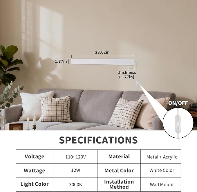 KELUOLY Modern Plug in Wall Sconces, 23.6 inch Frosted White LED Long Wall Lights, 12W Warm White 3000K Acrylic Indoor Wall lamp,with 59" Plug Cable for Bedroom, Living Room, Bathroom Makeup, Hallway