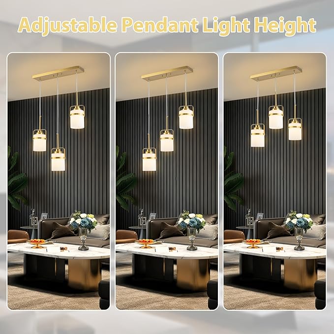 Brass 3-Light Pendant Lighting, Adjustable Hanging Light Fixture with Milk Glass Shade, Modern Pendant Light for Kitchen Island Dining Room Bar Over Sink/Table/Counter