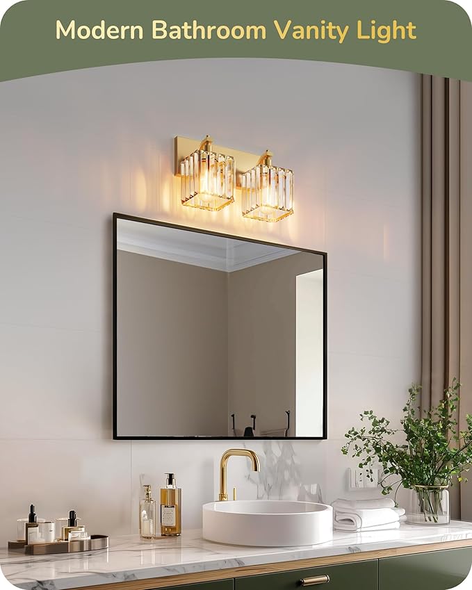EDISHINE Bathroom Vanity Light, Modern Bathroom Lighting Fixtures, 2 Light Crystal Vanity Lights Over Mirror, Brass Bath Wall Sconce Lamp for Powder Room, Makeup, E26 Base, Gold