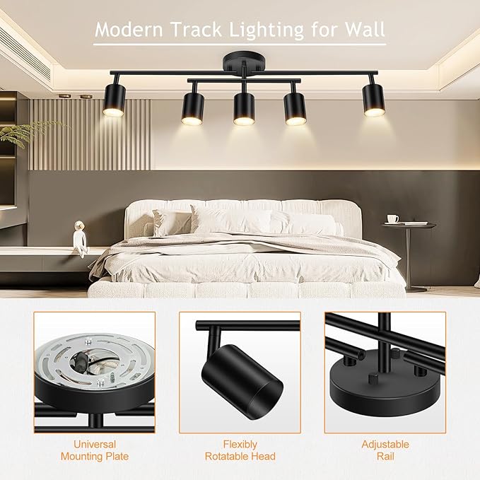 BoostArea 5 Light Track Lighting Kit, Black 5 Way Ceiling Spot Lighting, Center Swivel Track Light Heads, Flexibly Rotatable Light Head for Kitchen, Living Room, Bedroom, GU10 Bulb Not Included