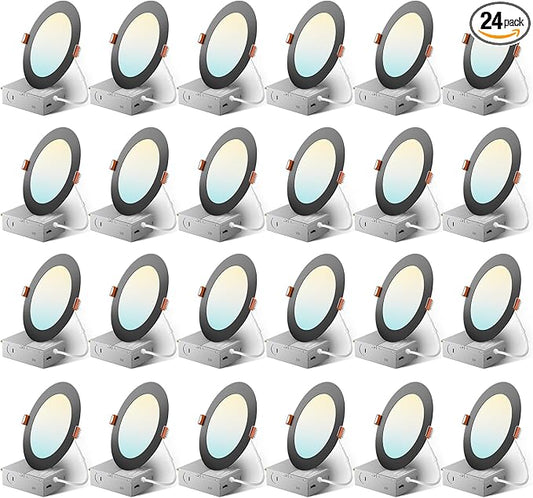 Amico 24 Pack Black 6 Inch 5CCT Ultra-Thin LED Recessed Ceiling Light with Junction Box, 2700K-5000K Selectable, 1050 Lumens, Dimmable Canless Wafer Downlight, 12W Eqv 110W-ETL&FCC