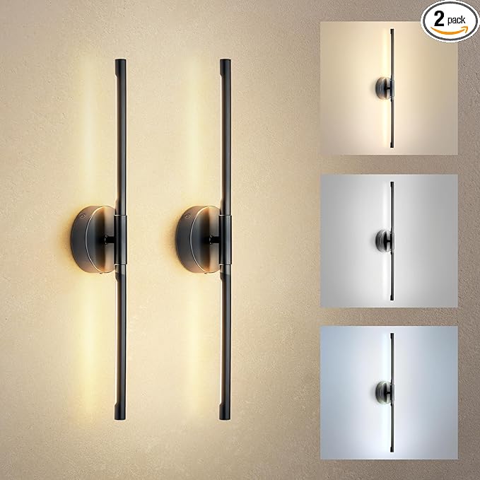 ASD LED 24" Linear Tube Wall Sconce, Modern Bathroom Light Bar | 3CCT, Dual 360° Rotatable, Dimmable, ETL Listed | 8W 666LM 3000-5000K 100-277V | Bedroom, Hallway Vanity Lighting | Black, 2 Pack