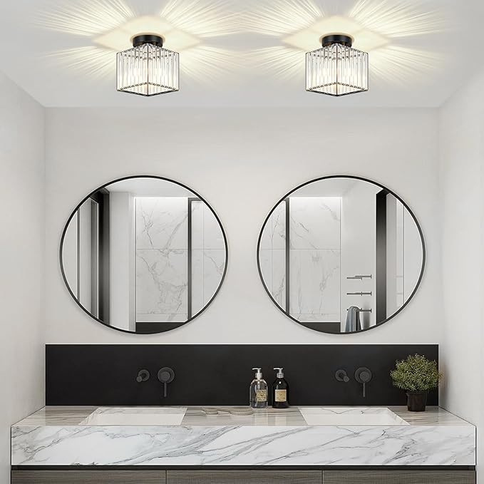 2-Pack Black Crystal Semi Flush Mount Ceiling Light 7.24" Modern Square Lighting Fixture Small Chandelier for Kitchen Hallway Entryway Dining Room Bedroom Bathroom Laundry