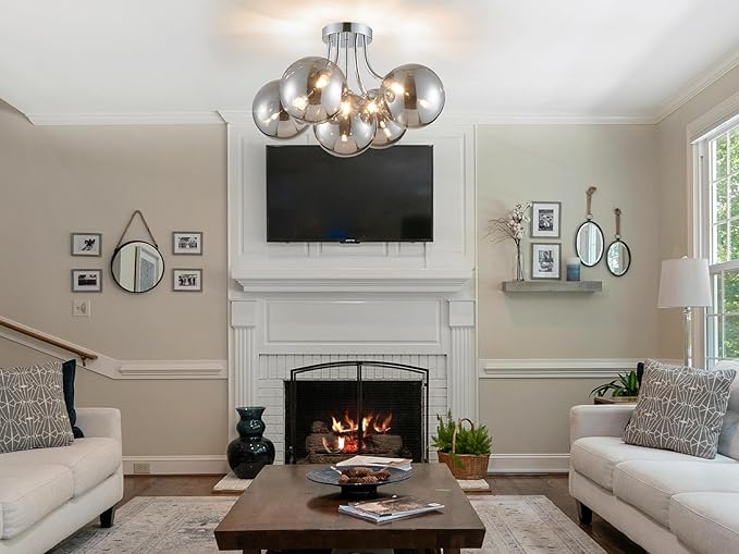 Silver Bubble Glass Chandelier 5-Light, Glass Sputnik Flush Mount Ceiling Light for Living Room, D16'' x H12'', G9*5 Sockets, Globe Bubble Light Chandelier with Grey Ball Smooth Shade