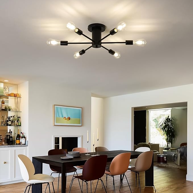 6-Lights Semi Flush Mount Ceiling Light, Matte Black Close to Ceiling Lighting with E26 Base, Modern Sputnik Light Fixtures for Living Room Bedroom Kitchen Dining Room