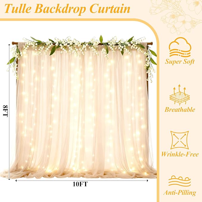 Ledido 2 Pack 10×8ft Beige Tulle Backdrop Curtains with Lights String - 600LED Fairy Lights Sheer Curtain Backdrop for Wedding Baby Shower Photo Shoot Birthday Party Decoration(4 Panels 5×8ft)，Beige