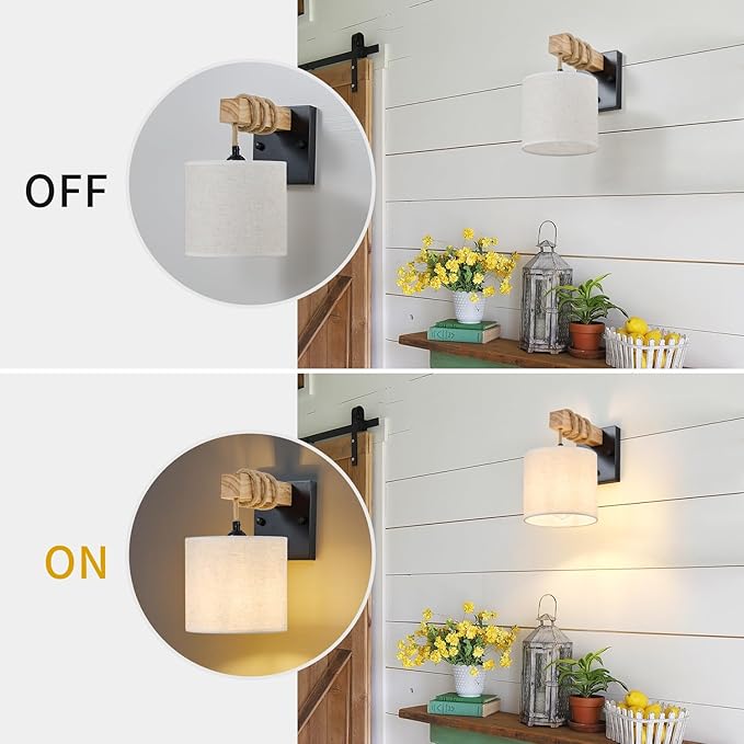 Boho Wall Sconces, Hardwired Farmhouse Fabric Wall Lamps with Wooden Arm & On/Off Dimmable Switch,Rustic Indoor Wall Mount Light Fixtures for Bedroom Nursery Living Room Bathroom