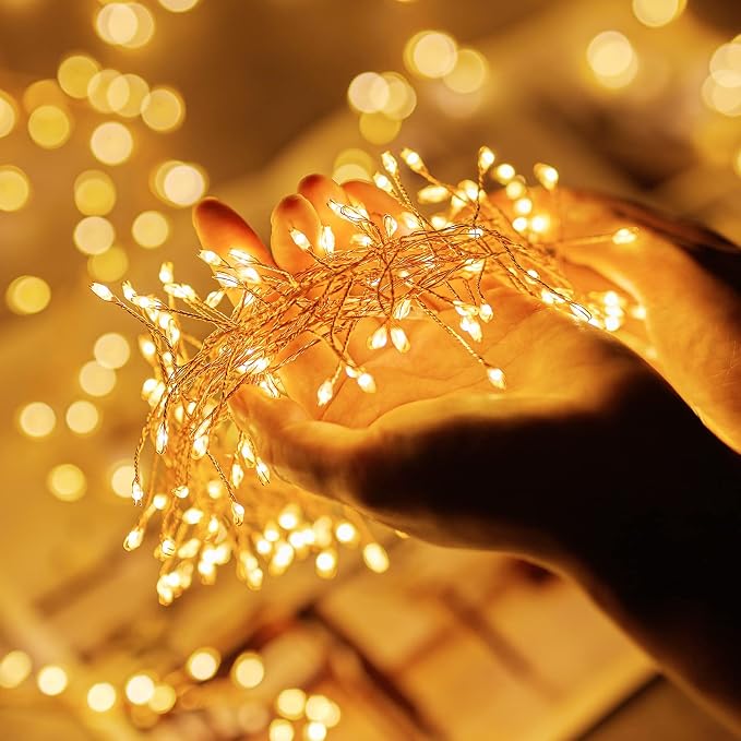 Fairy Lights Plug in, 10Feet 200LED Cluster String Lights, Copper Wire Waterproof Starry Firecracker Lights for Ceiling Bedroom Wreath Window Wedding Christmas Tree Decorations, Warm White, 2 Pack