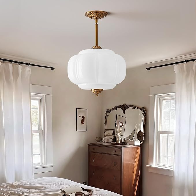 Milk Glass Pendant Light, 14.9 Inch White 3 Color Adjustable Mid-Century Ceiling Light Fixture Schoolhouse Hanging Lamp Chandelier for Kitchen Dining Room Hallway Bedroom (Bulbs Included)