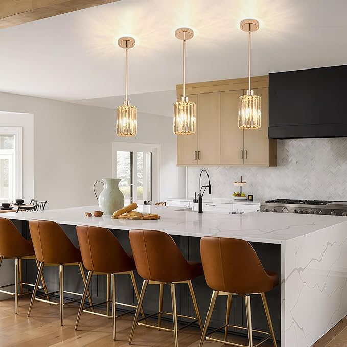 Modern Mini Crystal Pendant Lights Chandeliers Adjustable Sloped LED Hanging Ceiling Fixture Glass small Crystals for Kitchen Island Bathroom Dining Room Living Room, Hallway, Bar 1PC (Gold)