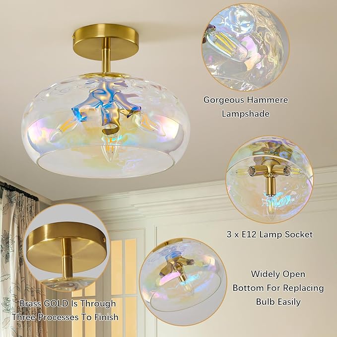 Vintage Glass Flush Mount Ceiling Light - 12 Inch Rainbow Hammered Glass Hallway Light fixtures Ceiling, Gold Semi Flush Mount Ceiling Light,Mid Century Light Fixture for Bedroom Entryway Kitchen