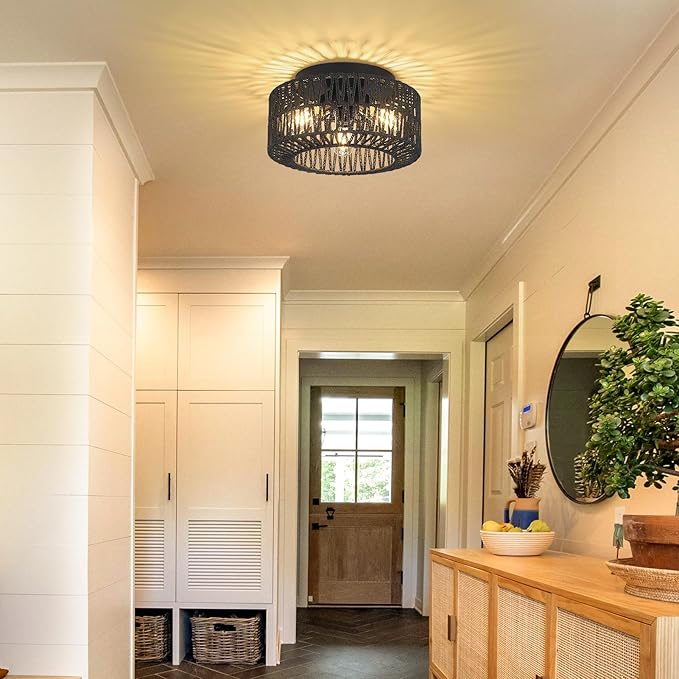 Rattan Light Fixtures, 3-Light Boho Flush Mount, Farmhouse Ceiling Light with Hand-Woven Shade, Modern Chandelier for Living, Bedroom, Entryway, Kitchen, Nursery