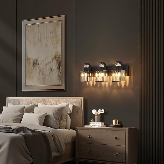 Modern Bathroom Vanity Light, 3-Light Black Bathroom Lighting Fixtures Over Mirror, 20.5" Crystal Wall Light Sconce for Bathroom/Bedroom/Vanity, Includes LED Bulbs, Easy Installation