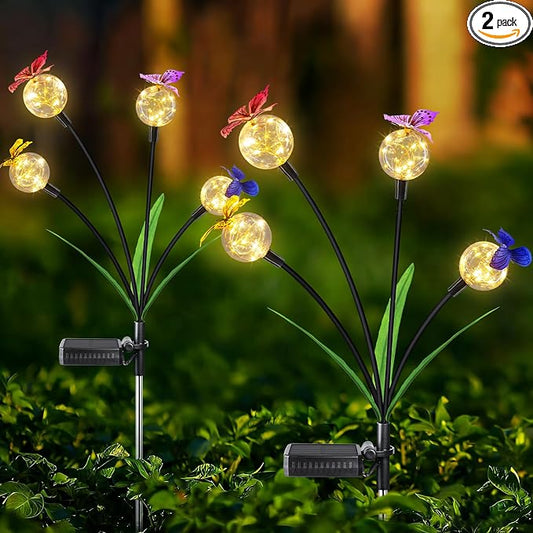 Solar Lights Outdoor 2 Pack, Solar Garden Lights, Butterfly Outdoor Decorations, Patio Decor, Big Bulb, Unique Gifts for Women, Gifts for Grandma