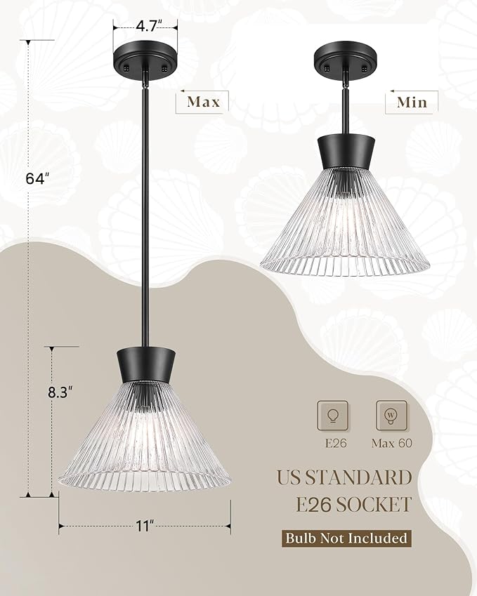 Black Pendant Light, HWH 1-Light 11-Inch Adjustable Hanging Light Fixture, Kitchen Pendant Light with Clear Striped Glass, Matte Black Finich, 5HZG108MIL BK