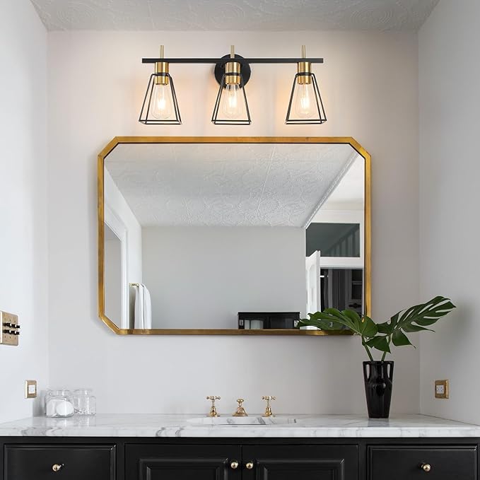 Industrial Bathroom Vanity Lights: 3-Light Black and Gold Vintage Metal Cage Wall Sconce - Rustic Farmhouse Wall Light Fixture Over Mirror Cabinet for Bedroom Living Room