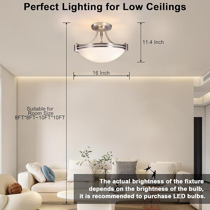 Bektas Semi Flush Mount Ceiling Light Fixture 16inch Brushed Nickel Flush Mount Ceiling Light with Milk Glass for Bedroom Kitchen Bathroom Hallway Foyer Living Room Dinning Room Hall Entryway