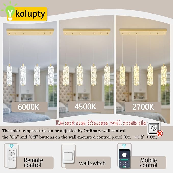 ykolupty Rectangle Crystal Pendant Lights LED Dimmable Pendant Ceiling Lighting Modern Linear Chandelier for Dining Room Hallway Gold