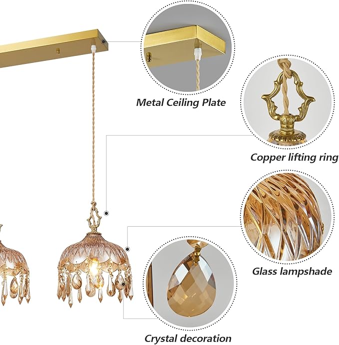 3-Light Glass Pendant Light Crystal Hanging Light Fixtures,Brass Vintage Amber Glass Pendant Lights for Kitchen Island Dining Room Living Room Bedroom Hallway(Amber,Long Chassis)