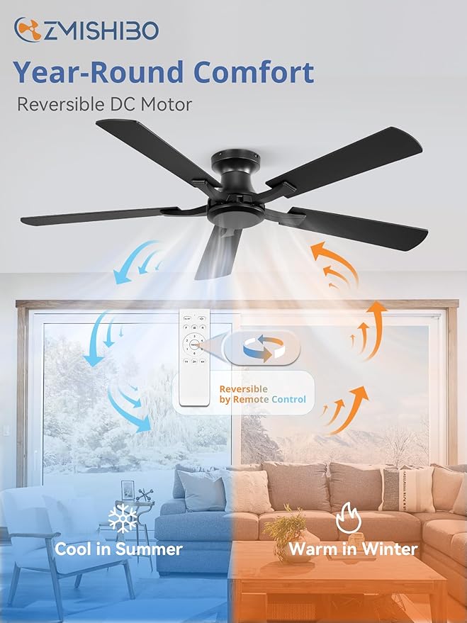 ZMISHIBO 52 Inch Ceiling Fan No Light, Flush Mount Low Profile, Modern Black Ceiling Fan Without Light, Remote Control & Quiet DC Motor, for Indoor&Outdoor, Bedroom, Living Room