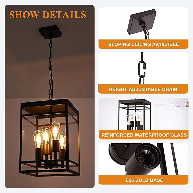 VINLUZ 4-Light 16" Outdoor Pendant Light with Adjustable Chain, Oil Rubbed Bronze Outdoor Hanging Light Fixture, Exterior Hanging Lantern Chandelier for Entryway Patio Garden