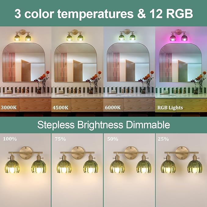 Shenmoyl Battery Operated Bathroom Light Fixtures, 2-Light Brass Vanity wall Light with 5000mAh Rechargeable Bulb Over Mirror with Green Tulip Glass Shade for Bedroom Living Room
