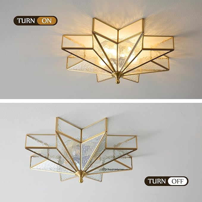 Star Brass Glass Ceiling Light - 19.5 In Gold Hammered Large Flush Mount Fixture - Art Deco Mid Century Vintage Modern Moravian Lighting Lights for Bedroom Dining Entryway Foyer Living Room