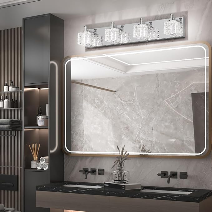Ralbay Modern LED Chrome Vanity Lights - 4 Lights Crystal Bathroom Light Fixtures Over Mirror