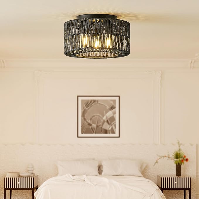 12.6”Rattan Flush Mount Ceiling Light Fixtures, 3-Light Boho Light Fixture Rattan Hand-Woven Chandelier Close to Ceiling Light Fixture for Bedroom Hallway Kitchen Dining Room Nursery(Black)