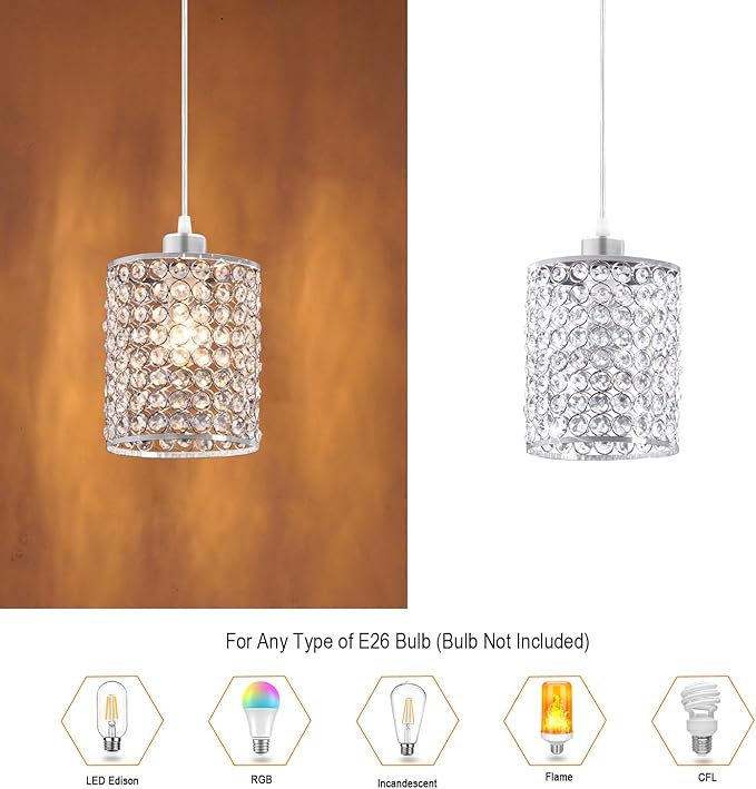 TISLYCO Modern Crystal Pendant Light Fixtures Set of 2, Ceiling Hanging Crystal Chandelier Over Kitchen Island Sink Lighting,Chrome Pendant Lighting For Dining Room, Bathroom, Hallway, EntryWay,Closet