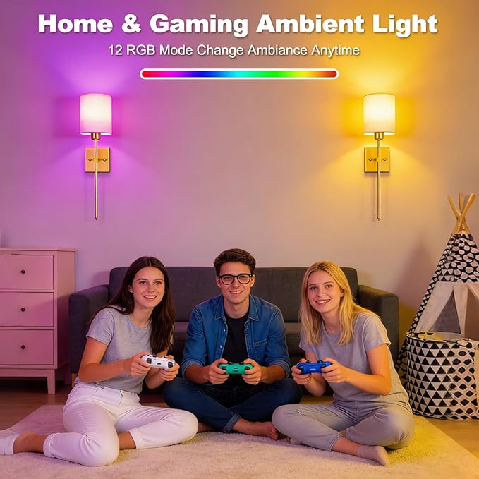 Battery Operated Wall Sconce Set of 2, Wireless Wall Lights with Remote 5300mAh Rechargeable Dimmable Bulb, 12 Colors Wireless Wall Sconces for Bedroom Living Room Hallway Decor