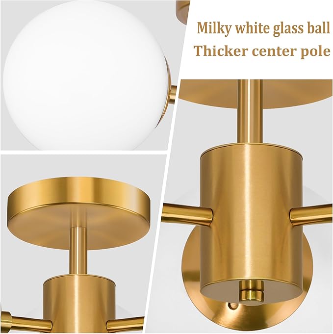 Mid Century Modern 19 Inch Brass Semi Flush Mount Ceiling Lights 3-Light Frosted Globe Glass Gold Chandelier Modern Light Fixtures Ceiling Lights Fixture for Bedroom Hallway Entryway