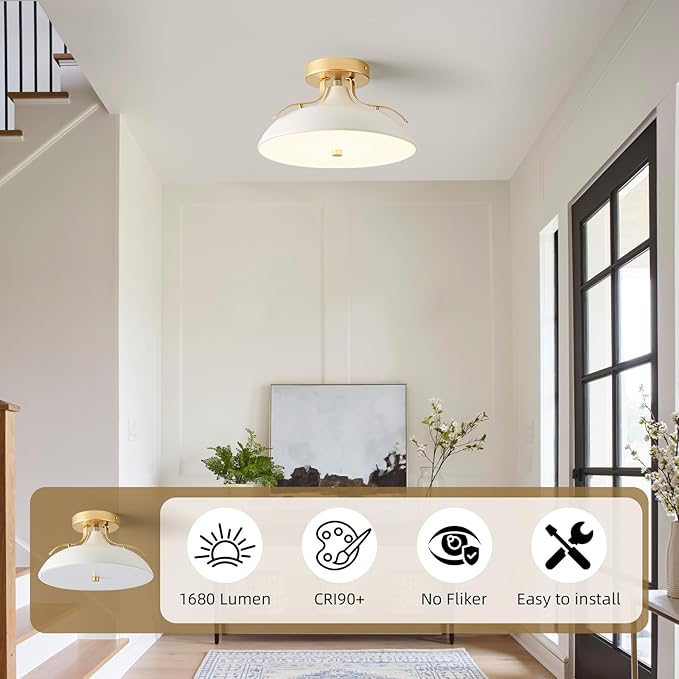 OKELI Dimmable LED Ceiling Light Fixture, 5CCT 2700K–6000K Modern Semi Flush Mount Ceiling Light, 24W White Gold Close to Ceiling Lamp for Kitchen Bedroom Hallway Entryway Laundry Room, 11.8 Inch