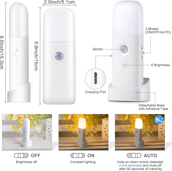 CREWEEL Motion Sensor Night Lights Indoor, Rechargeable Night Light Battery Powered, Portable Nightlight with Adjustable Brightness Activated Table Lamp for Kids, Adults(Warm Light, 4 Pack)