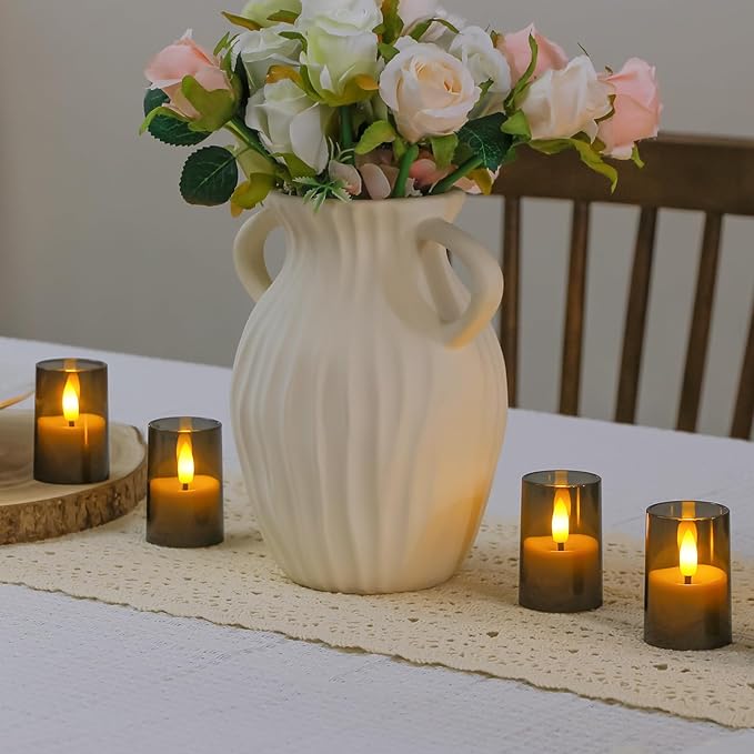 Flameless Small Tea Light LED Candles, Acrylic Battery Operated Votive 1.7" x2.5" with Remote Control and Timer, Tealight Grey Flickering Warm Light Pack of 15 Electric Long Lasting
