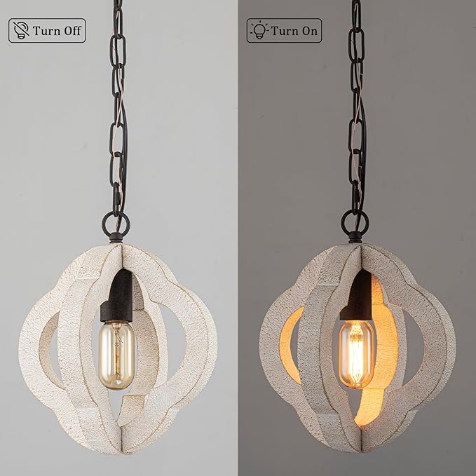 9.84" Modern Farmhouse Wood Pendant Lights Kitchen Island Small Orb Distressed White Oak Pendant Light Rustic Ceiling Hanging Light for Kitchen Over Sink Hallway Entryway Foyer Adjustable Chain E26