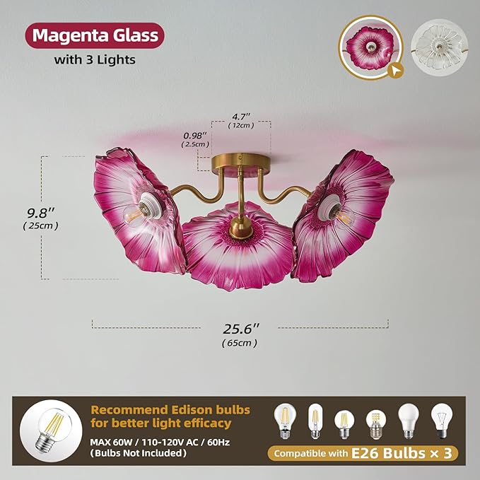 Flower Glass 3 Lights Ceiling Light - Red Vintage Floral Semi Flush Mount Chandelier Lighting Fixtures - Mid Century Modern Art Deco Lamps for Bedroom Bathroom Hallway Foyer Hall Kitchen Living Room