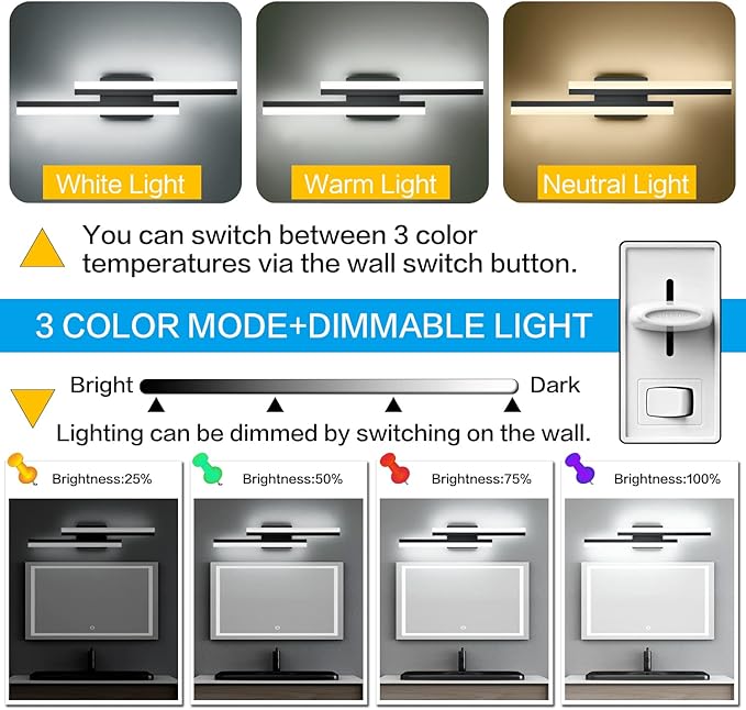 PRESDE LED Bathroom Vanity Light Modern Black 24 Inch LED Wall Lighting Fixture Over Mirror 3CCT