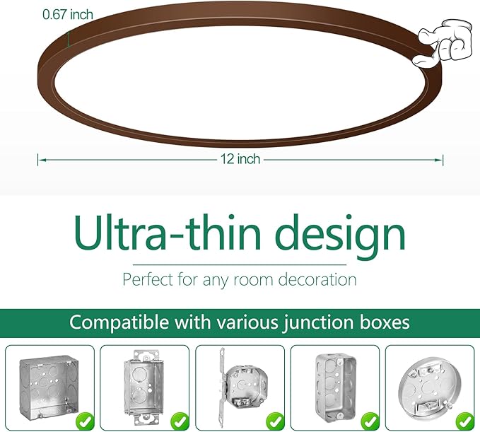 Brightever LED Flush Mount Ceiling Light Fixture Oil Rubbed Bronze, 24W 3200LM 5CCT Dimmable LED Ceiling Light, 2700K/3000K/4000K/5000K/6500K, 12 Inch Ceiling Lamp for Bedroom, Dining Room, 1 Pack