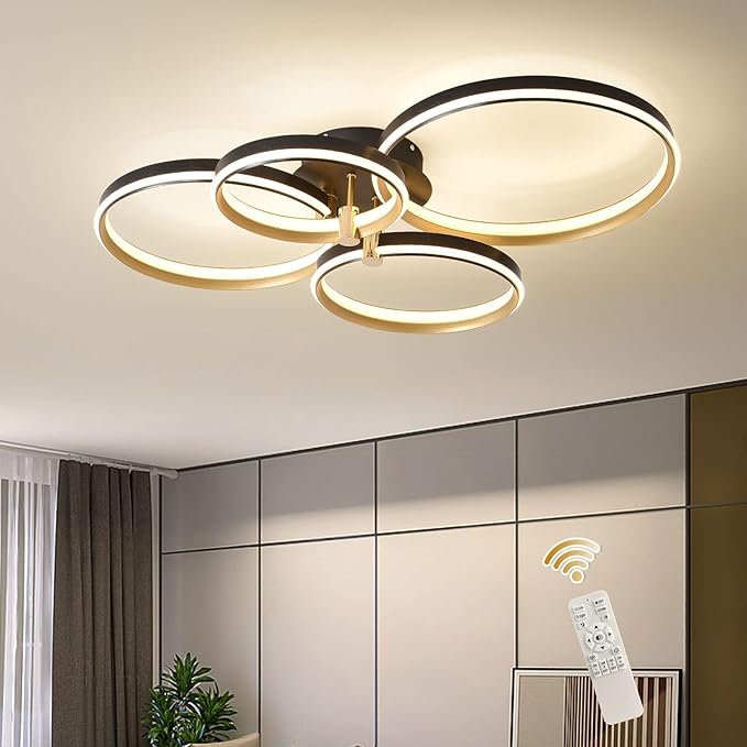 Ganeed Dimmable LED Ceiling Light Modern 4 Rings Ceiling Lamp with Remote Control,60W Gold Flush Mount Ceiling Lights for Living Room, Bedroom, Kitchen, Corridor, Dining Room,Office 3 Color