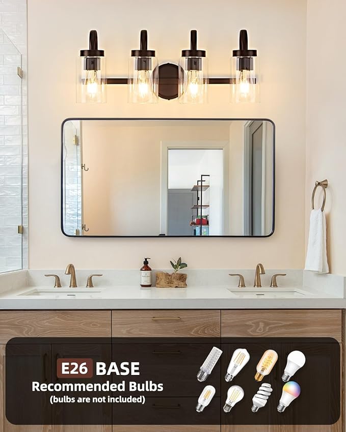 4 Light Bathroom Vanity Light, Black Coffee Vanity Lights for Bathroom, Modern Light Fixtures Over Mirror with Clear Glass Shade, Wall Sconce Lighting for Bedroom