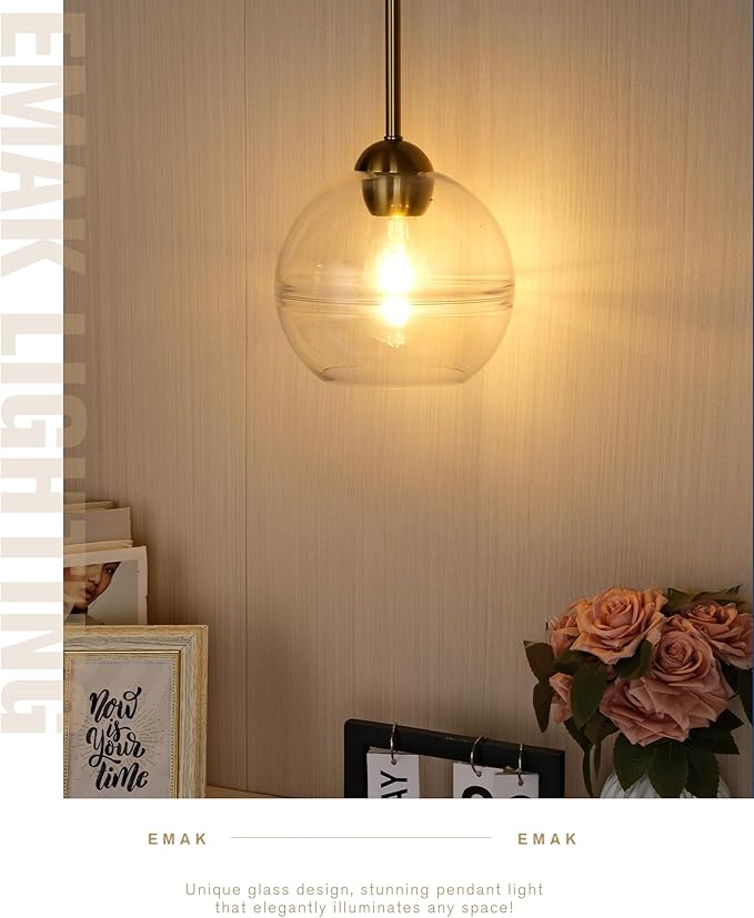 Emak 8 Inch Globe Pendant Lights Kitchen Island, Brushed Gold Pendant Light Fixtures with Clear Glass Shade, Modern Island Lights for Kitchen, Dining Room, Bathroom, PL121-BGD-AG