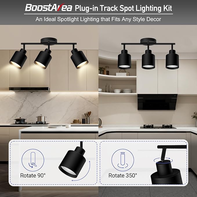 BoostArea 3-Light Led Track Lighting,Black Ceiling Lighting Fixtures,Wall Sconces Ceiling Spotlight with Foldable Light Arms for Kitchen, Closet, Bedroom,GU10 Socket, Bulbs Not Included