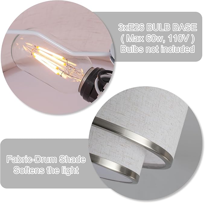 Farmhouse Close to Ceiling Light, 3-Light Flush Mount Ceiling Light Fixture with 2-Layer Fabric Shade, Modern Drum Ceiling Lamp for Hallway Bedroom Living Room (Brushed Nickel)
