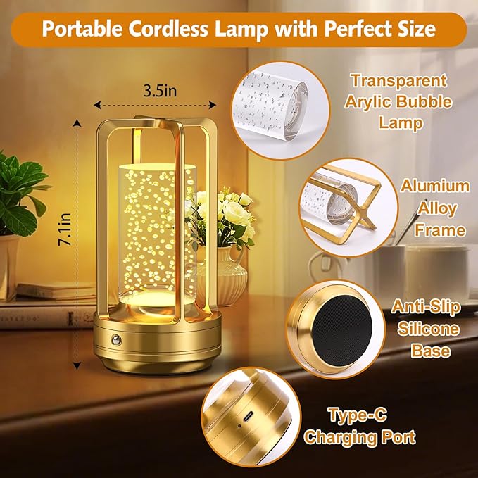 Portable Table Lamp for Outdoor Indoor: Cordless Rechargeable Desk Lamp with 10 Colors - Shower Lamp with Stepless Dimmable - Metal Battery Operated Lantern Light for Bedroom/Bar/Coffee Shop/Camping