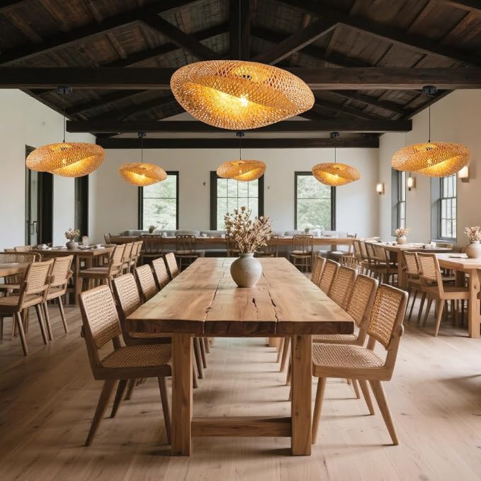 Hand Woven Bamboo Pendant Light,23.62 in Bamboo Rattan Ceiling Hanging Light Hand Woven Wicker Chandelier for Living Room Kitchen Dining Room Farmhouse