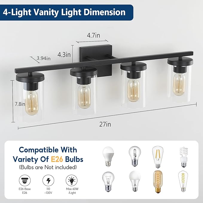 27in Bathroom Light Fixture Over Mirror, 4-Light Matte Black Vanity Lights with Clear Glass Shades, Modern Wall Sconces for Living Room, Bedroom, Hallway, E26 Base