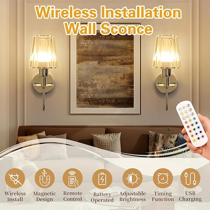 Battery Operated Wall Sconces Set of 2 – 5200mAh Rechargeable Crystal Glass, 15 Colors & 10-Level Dimmable, Wireless Wall Lights for Living Room & Bedroom,Sliver