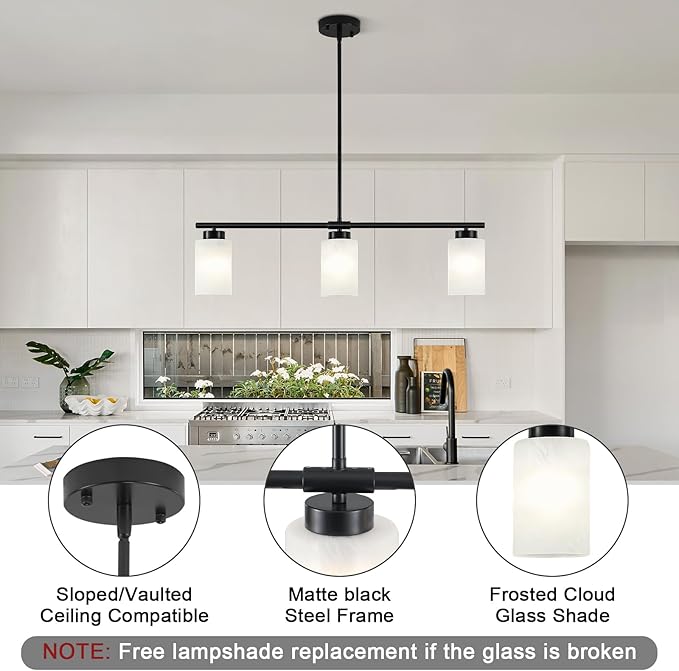 31" Kitchen Island Lighting 3 Light Black Pendant Light for Kitchen Island with Milk Glass Shade Modern Linear Chandelier Adjustable Hanging Farmhouse Light Fixtures Over Dining Table Living Room，E26